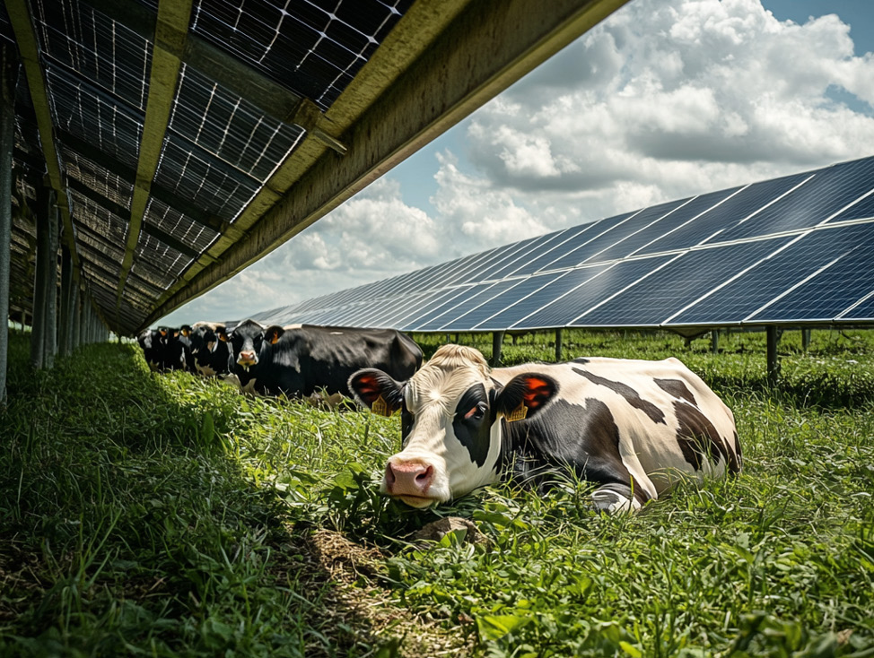 Zu sehen sind Kühe, die zwischen Solarmodulen liegen.