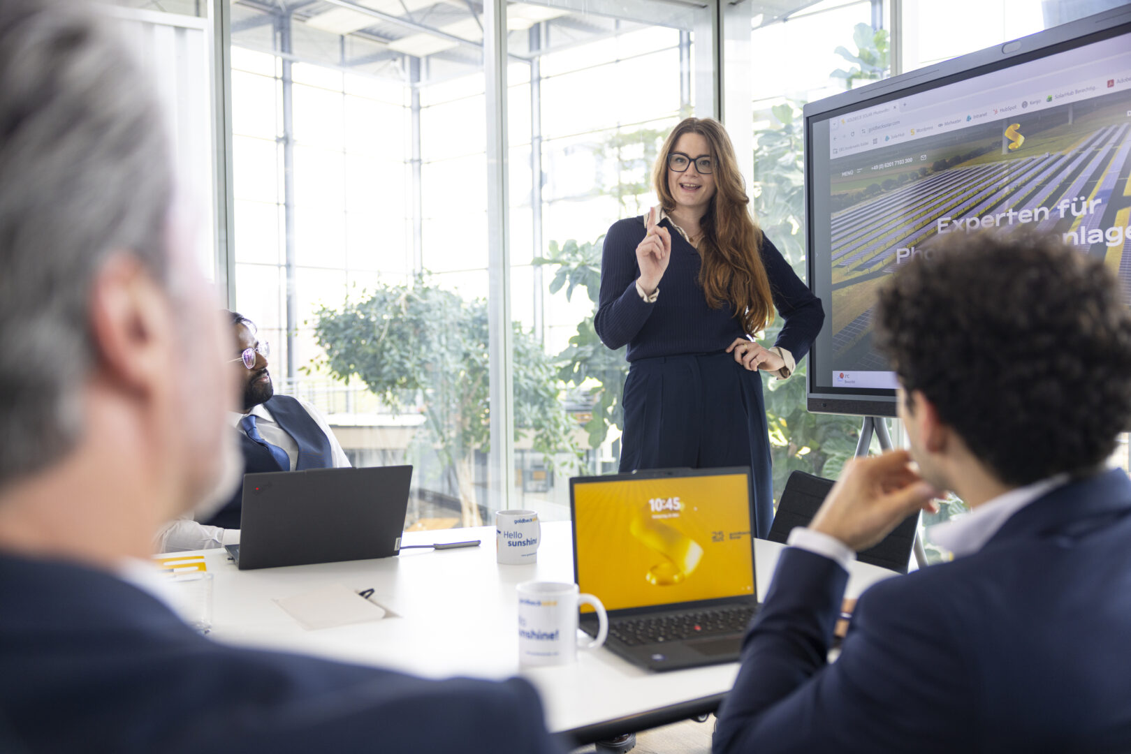Woman explaining something in font of a screen