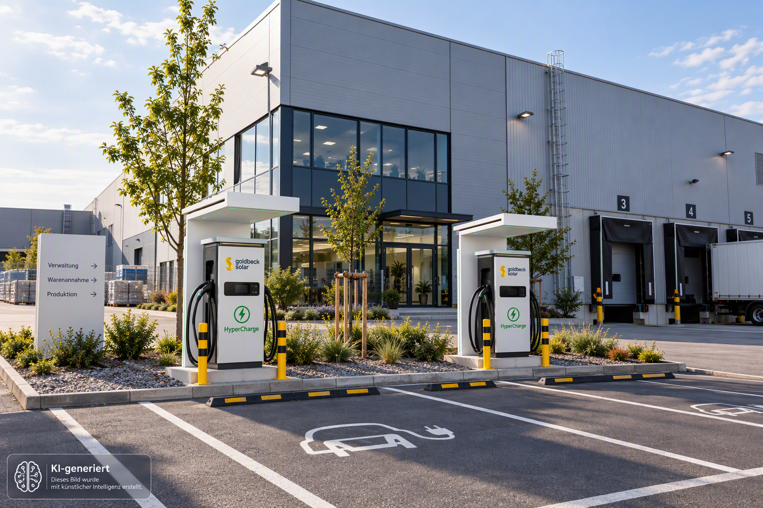 Ki-generiertes Bild einer Hypercharging Ladestation vor einem Industriegebäude